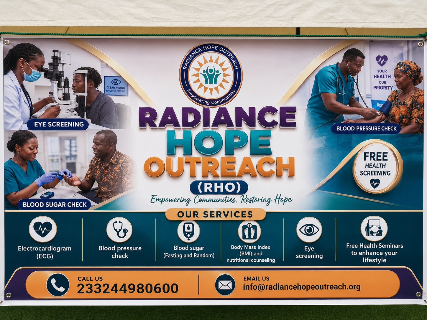 Radiance Hope Outreach services banner — eye screening, blood sugar check, blood pressure check, ECG, BMI, and free health seminars